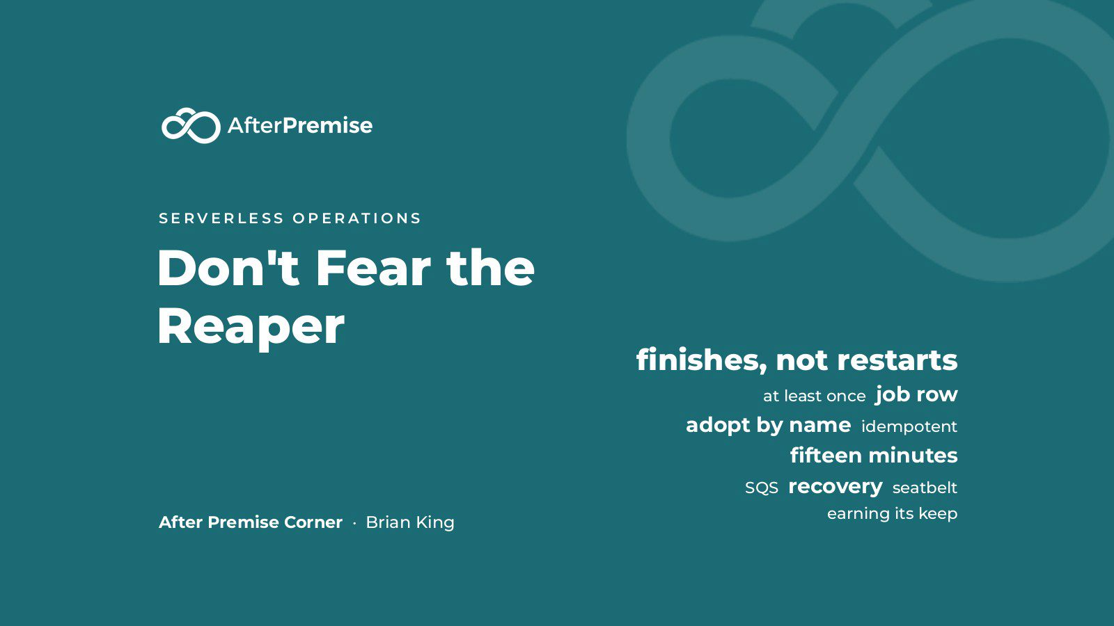 After Premise cover for “Don’t Fear the Reaper” on a teal background, with the words “finishes, not restarts” and “fifteen minutes”.