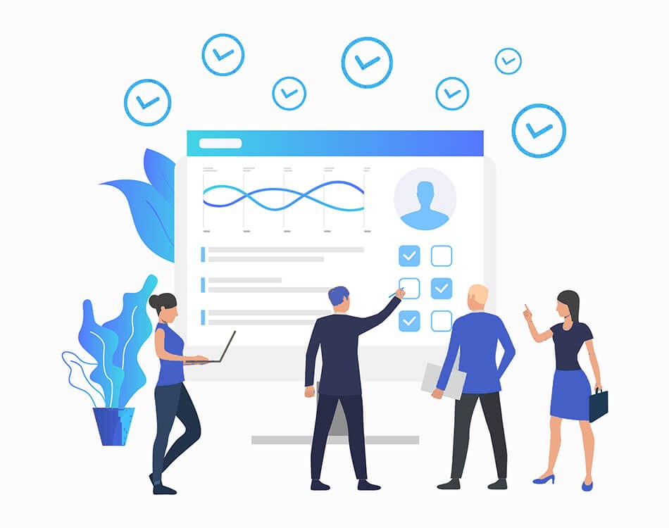 Team reviewing a workflow dashboard with completed checks
