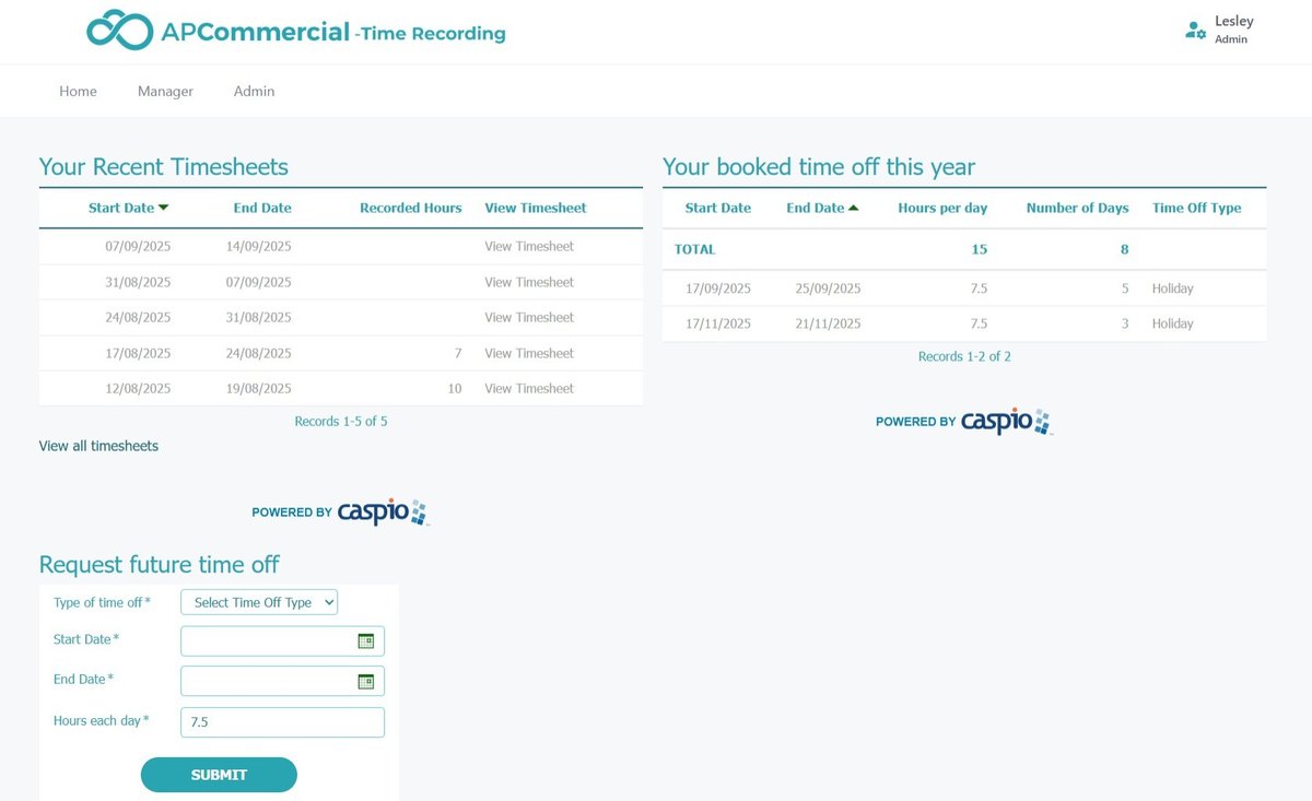 Screenshot of the Time Recording app, showing recent timesheets and booked time off